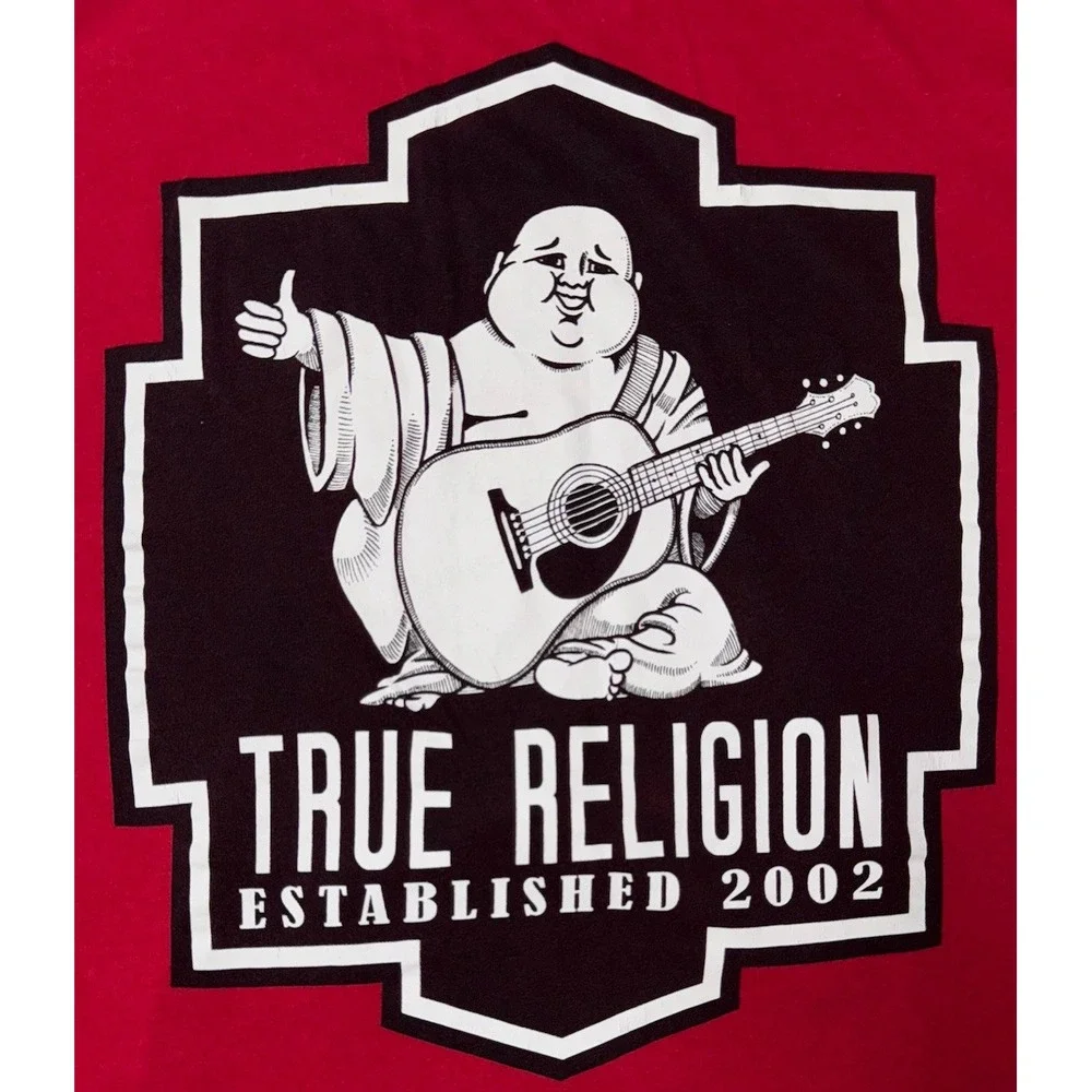True‎ Religion Men's S Red Tee Shirt Buddha Guitar Print Logo Y2K Style